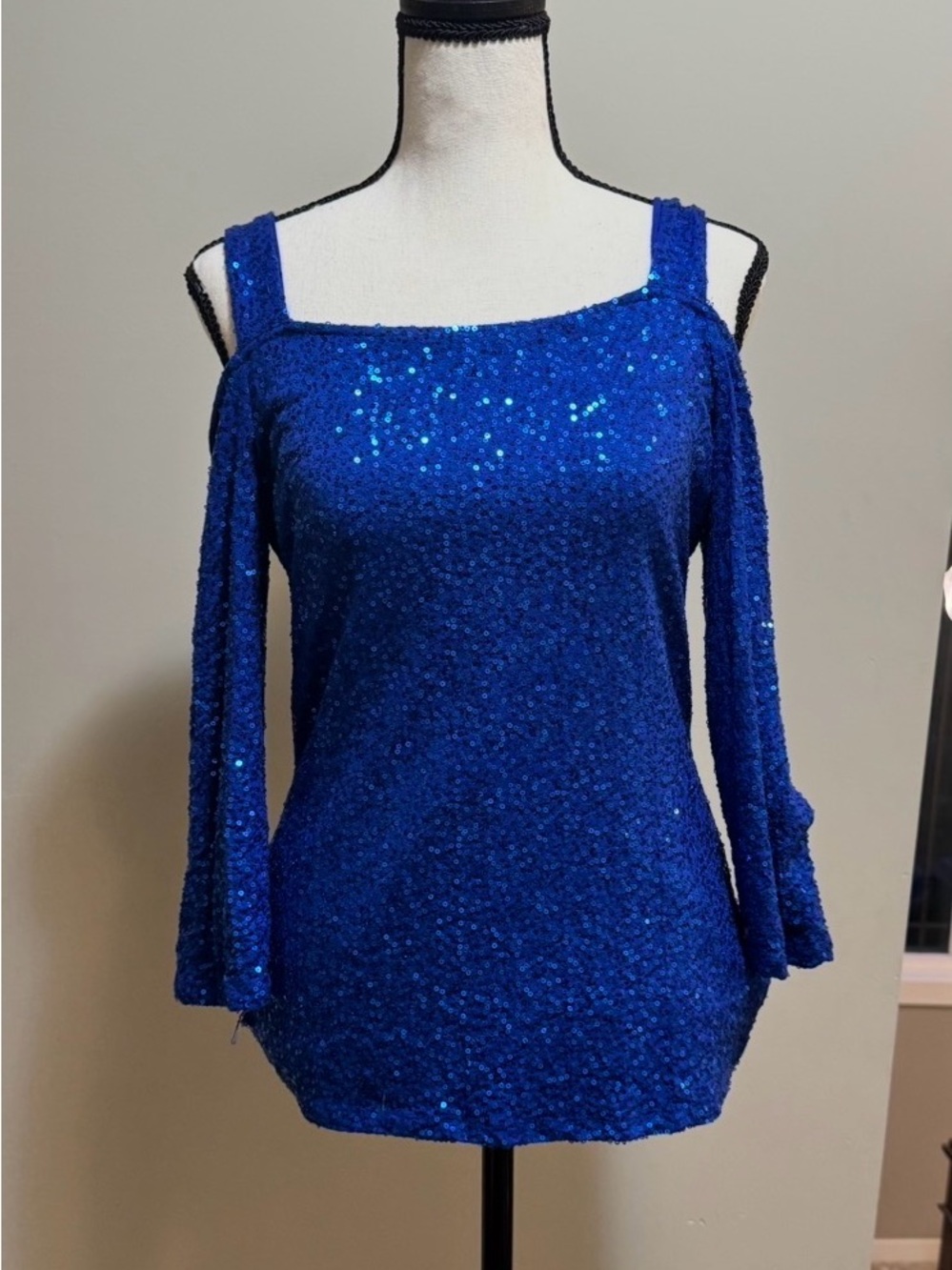 INC International Concepts Royal Blue Sequin Cold-Shoulder Top
